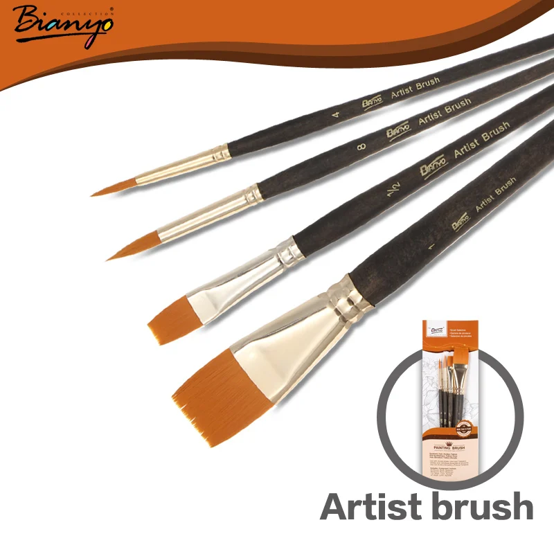 Koop Bianyo 4 stks Platte Kop Aquarel Borstel Nylon Haar Houten Handvat Acryl Olieverf Penselen Kunstenaar School Tekening Levert