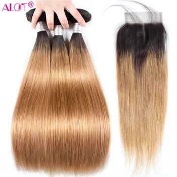 

Alot Peruvian Straight Ombre Bundles With Closure 1B/27 Honey Blonde 3 Bundles With Closure Remy Human Hair Weave With Closure