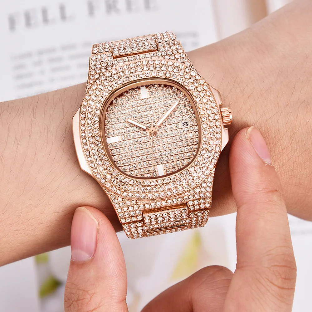 drop shipping rose gold ice out diamond watch men hot fashion womens quartz watches  (2)