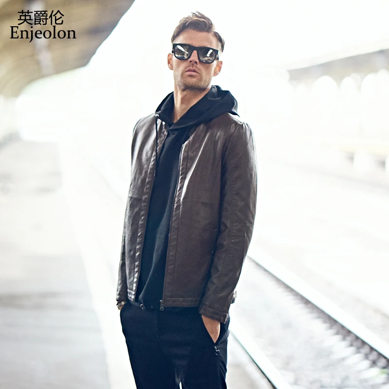 

Enjeolon brand Motorcycle coats Leather PU Jackets Men fashion PU coat for men leather jacket Male Casual Coats P316
