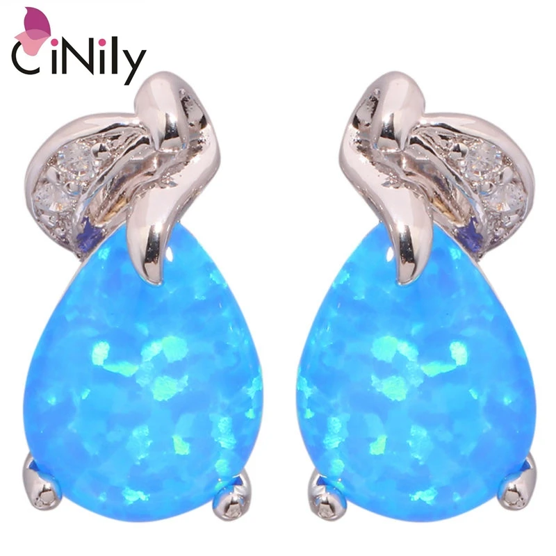 

CiNily Created Blue Fire Opal Cubic Zirconia Silver Plated Wholesale Fashion Jewelry for Women Stud Earrings 16mm OH3876