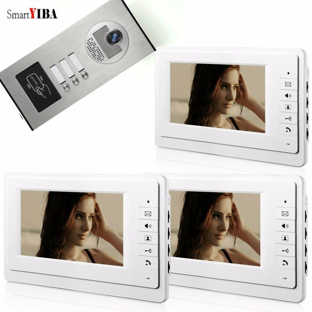 SmartYIBA 3 Units Apartments Home Video Intercom Kits LCD Color Screen Doorphone Metal Case Cameras for House/Flats+RFID Keyfobs