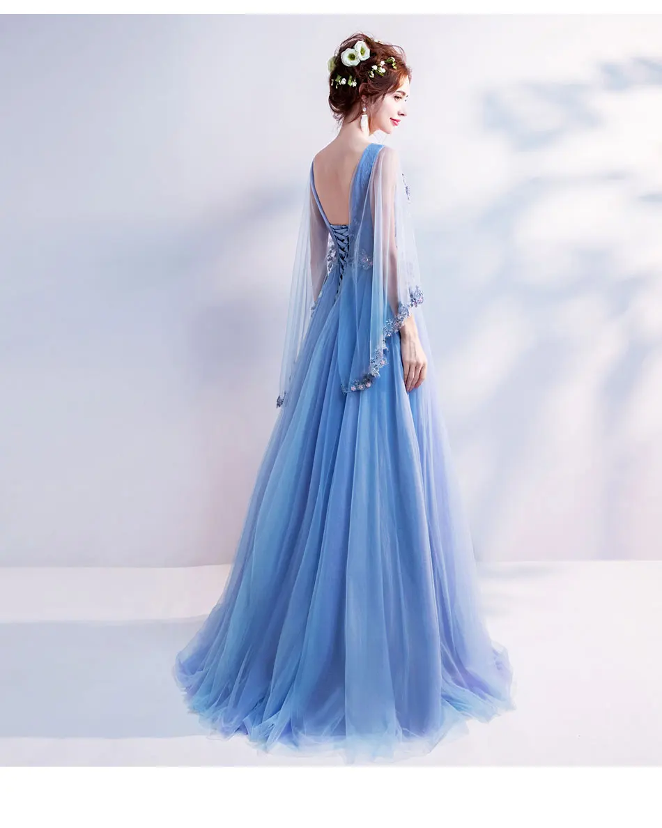 Vestido De Festa Blue Tulle With Appliques Evening Dresses Long Dress Prom Party Gowns 2019 Robe De Soiree V-Neck Evening Dress