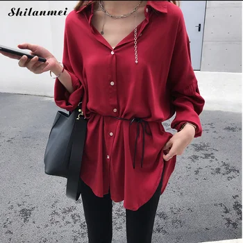 

Fashion Woman Chiffon Long Sleeve Blouse Button Turn Down Collar Loose Summer Female Blusas Tops Solid Plus Size Shirts 3xl 4xl