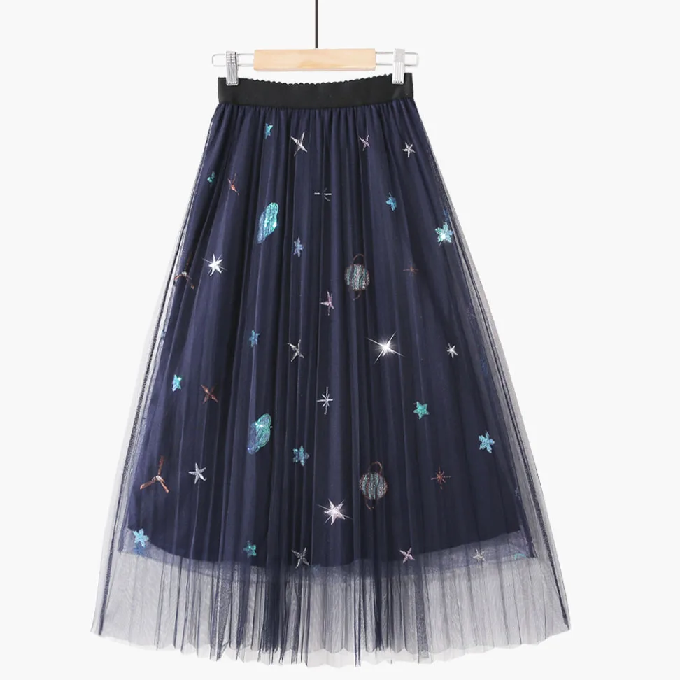 

Vintage Net Yarn Lace Mesh High Waist Elegant Women Embroidery Galaxy Star Cute Boho Korean Midi Long Skirt Summer Black Spring