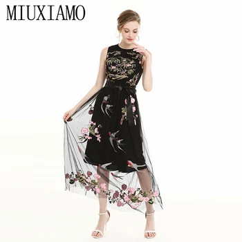 

MIUXIMAO TOP QUALITY 2019 Fall Casual Dress Fashion A-Line O-Neck Flower Embroidery Black Long Dress Women vestidos With Belt