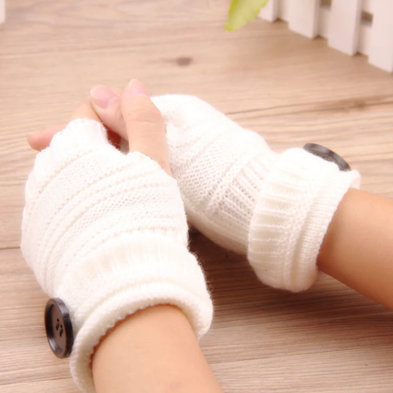 Женские вязаные перчатки, зимние теплые перчатки без пальцев, одноцветные перчатки с пуговицами, женские наручные перчатки для девушек 7C0755
