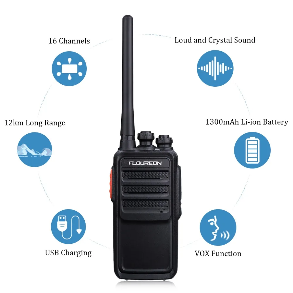 

Floureon 16CH waklie talkie UHF400~480MHz 2-Radio USB Li-ion Battery Rechargeable 12KM Interphone US 1 pair walkie talkies