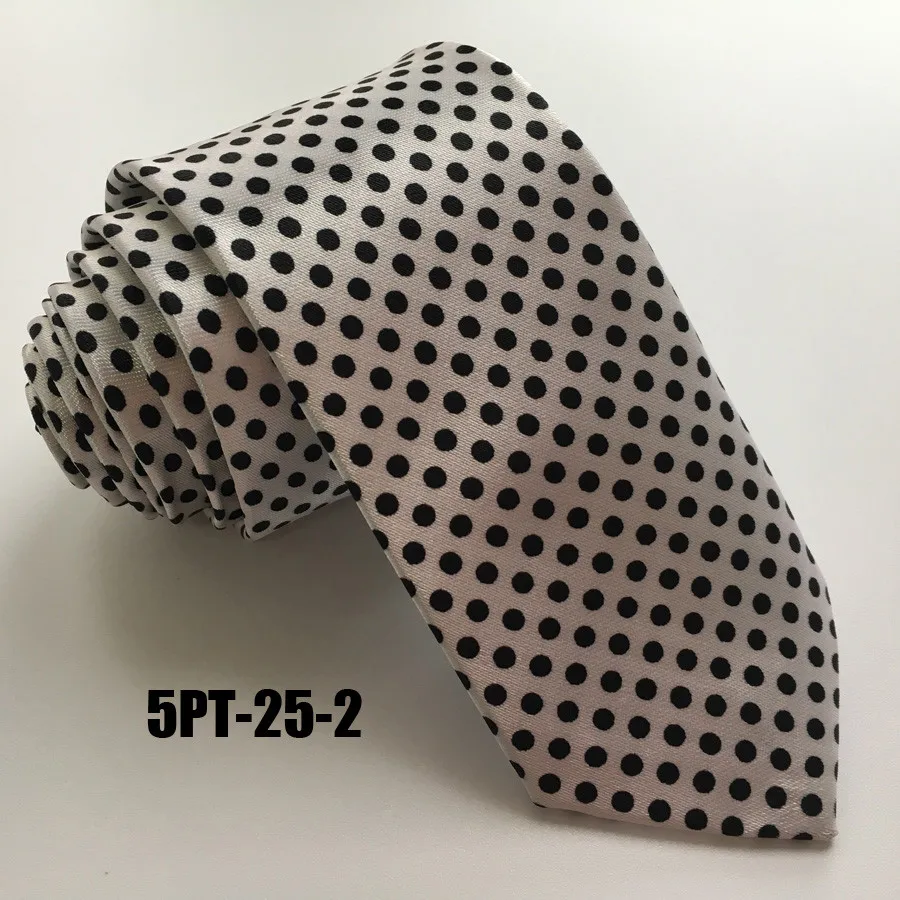 5cm Slender Tie Fashion Printed Polyester Necktie Black with White Dots