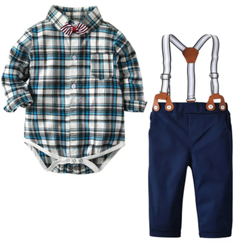 

2019 New Fashion Baby Boy Clothes Spring Autumn Long Sleeve Baby Shirt 2pcs Infant Bib Pants Gentlemen Party Baby Clothes