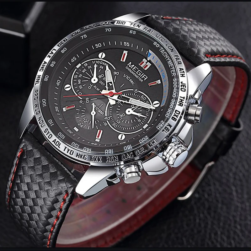 Megir Men Watch Luxury Brand Sport Fashion Quartz Watch Genuine Leather Band Dynamic Special Design Relogio