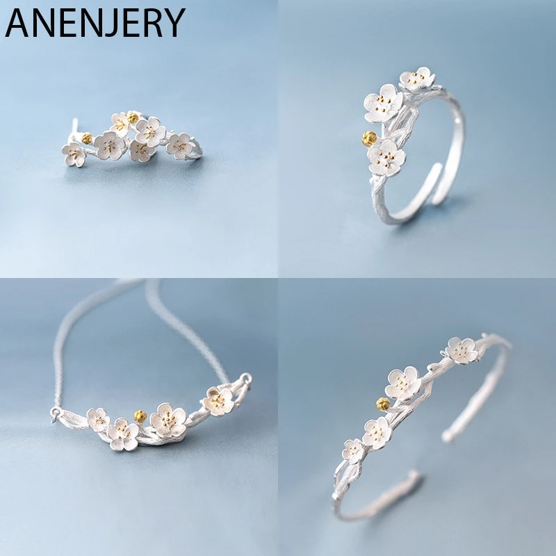 Женский комплект украшений ANENJERY ожерелье с цветком сакуры сливы + серьги кольцо