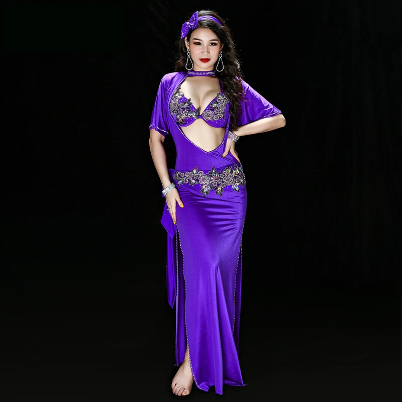 Egyptian belly dance Embroidery saidi dress baladi galabeya Lycra Costume Dress+bra+headpiece+belt+shorts Belly Dance Dresses