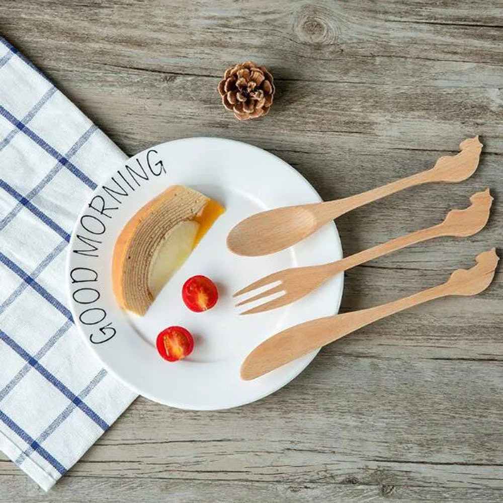 

Set 3 PCS Cute cat Fork Knife Spoon Set Eco Friendly Cutlery Wooden Reusable Utensils Tableware for cat Lover