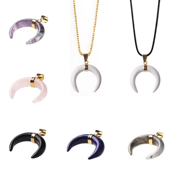 Natural Stone Horn Necklace Pendant Unique Fashion Crescent Moon Pendants Pave Zircon Rhinestone Crystal Beads Finding Jewelry