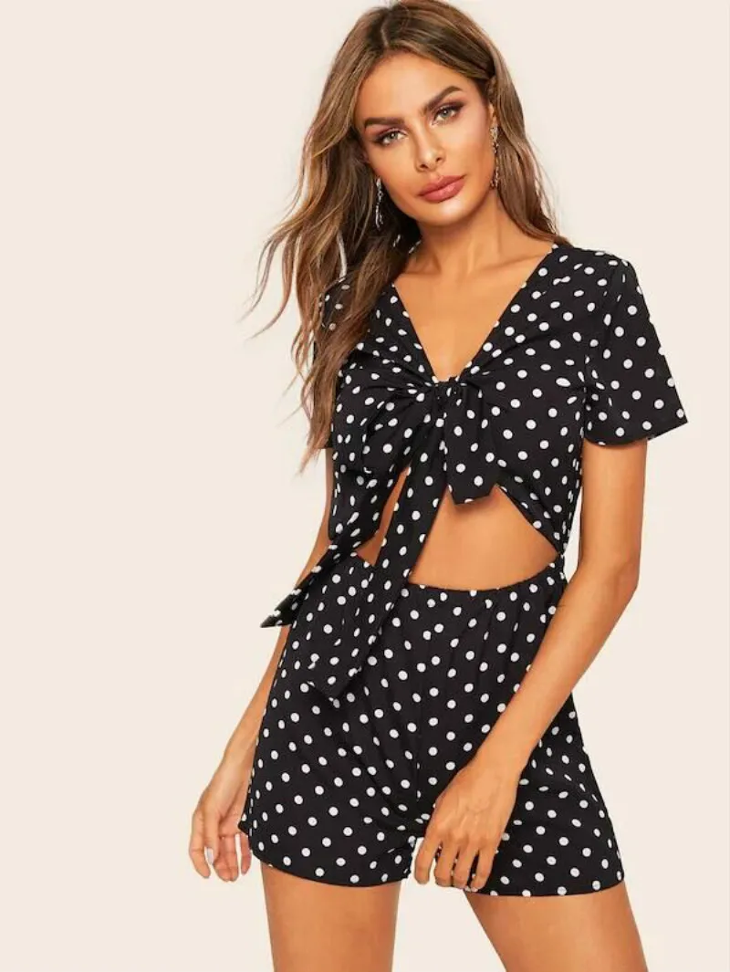 Casual Playsuit Polka Dot Playsuit Short Sleeve Fashion Nova Woman Sexy Bandage Rompers Womens Jumpsuit Summer Combinaison Femme