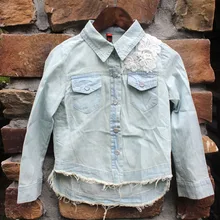 2016 New arrival Spring Autumn Fashion casual girls denim blouse lace long sleeves children soft fabric shirts #161014_h78