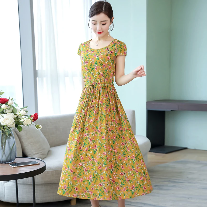 

Yellow Short Sleeve Cotton Linen Dress Plus Size Print Floral Women 2019 Summer Maxi Long Dresses Red Loose Elegant Clothes