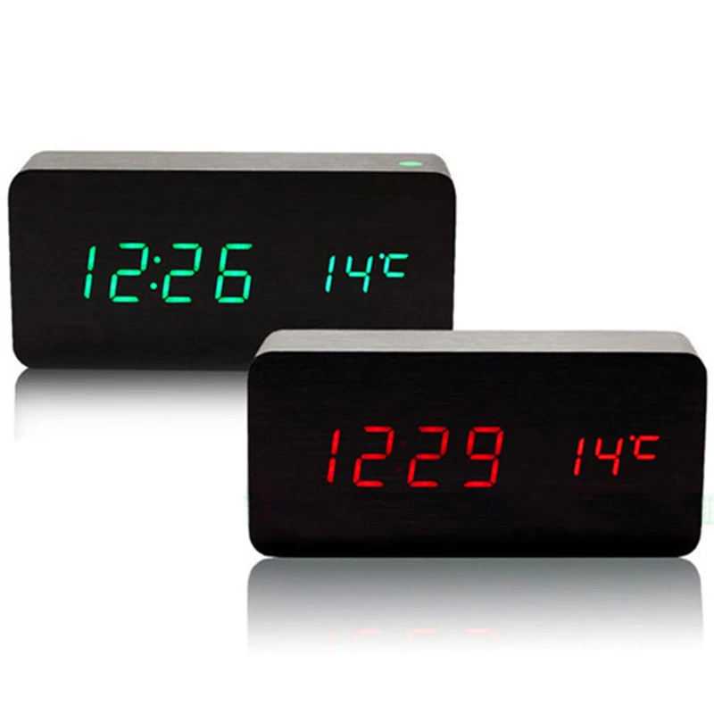 

LED wooden Board alarm clock+Temperature digital table clock with voice activated,Battery/USB power