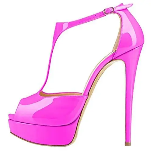 

Big Sale Pink Nude Yellow Patent Leather T-bar Pumps Women Shoes Peep Toe Ankle Strap Stiletto High Heel Platform Dress Shoes