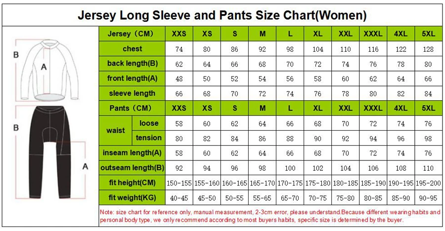 long set size chart women