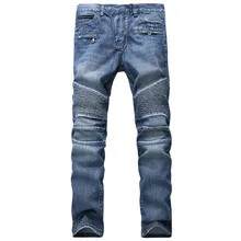 Fashion Hi Street Mens Biker Jeans Pants Slim Fit Straight Motocycle Denim Joggers For Man Pleated