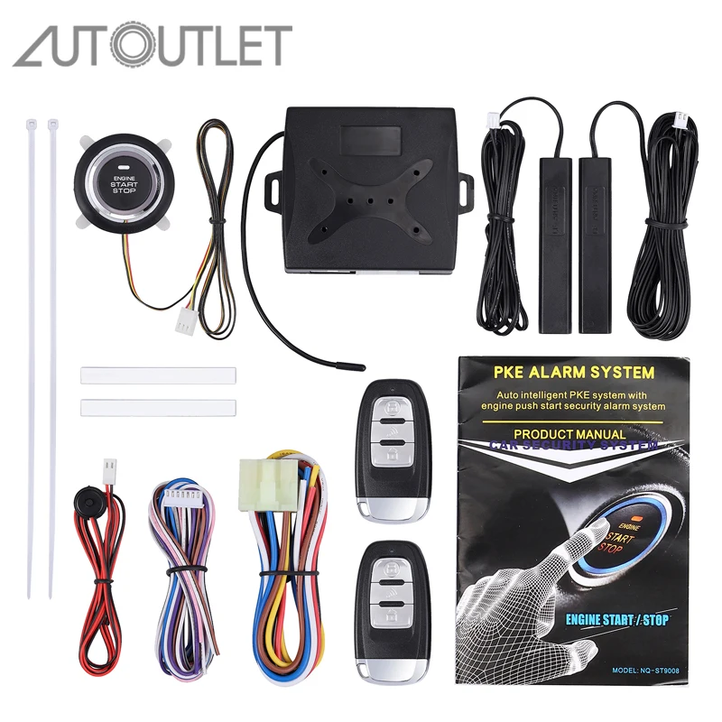 AUTOUTLET Universal Car Keyless Entry Engine Start Alarm System Push Button Remote Starter with 2 Remote Control Burglar