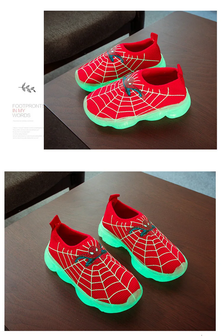 Обувь для человека-паука; детская обувь; легкая детская Люминесцентная спортивная обувь; Светящиеся Сникерсы для маленьких мальчиков и