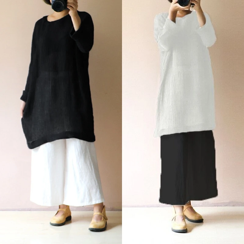 

Celmia Women Linen Blouse Oversized 2019 Fashion Casual O Neck Long Sleeve Long Shirt Summer Loose Blusa Feminina Women Clothing