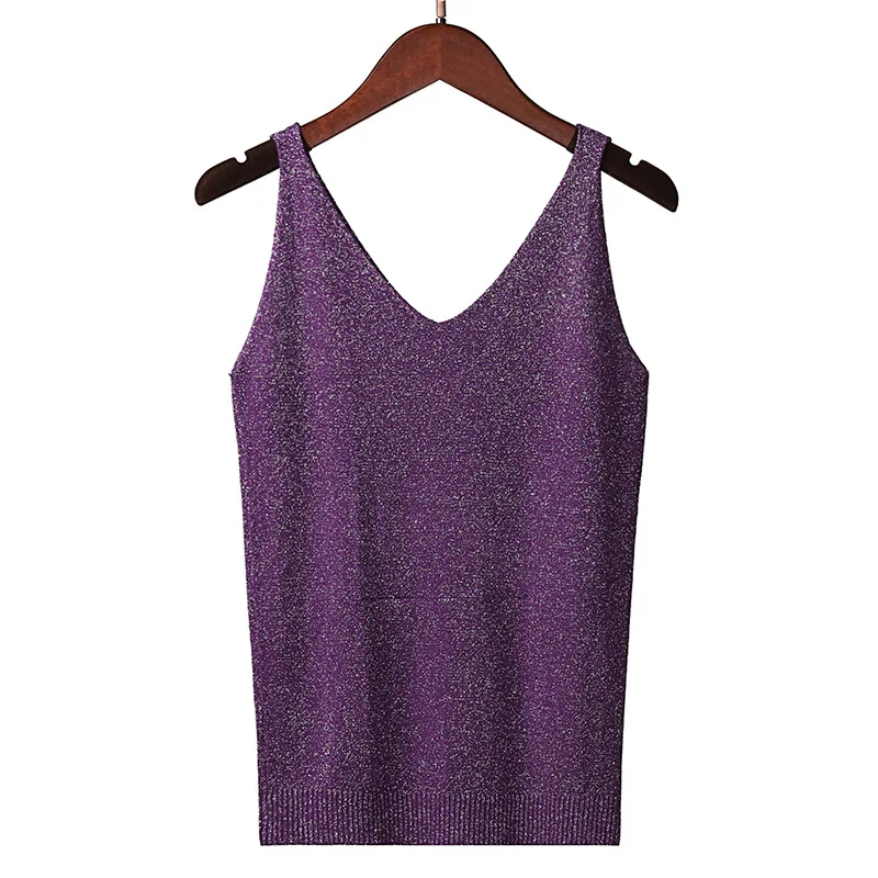 Блестящие вязаные сексуальные топы с люрексом, топы с v-образным вырезом, эластичный жилет без рукавов для женщин, летний Повседневный свитер, Женский брендовый пуловер - Цвет: Фиолетовый