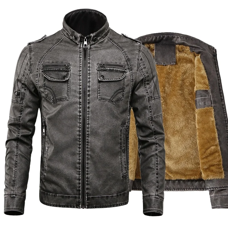 

Men Jacket Leather Brown/Black Coats Slim Fit Fleece 2019 New Stand Collar Top Jacket Parkas Thick Warm Faux Fur Male Clothing
