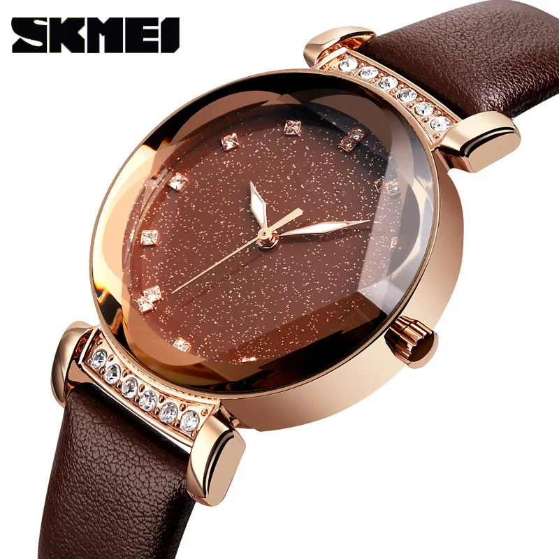 

SKMEI Casual Crystal Leather Wristwatches Luxury Brand Women Watches Ladies Stainless Steel Waterproof Quartz Watch Cut Geometry