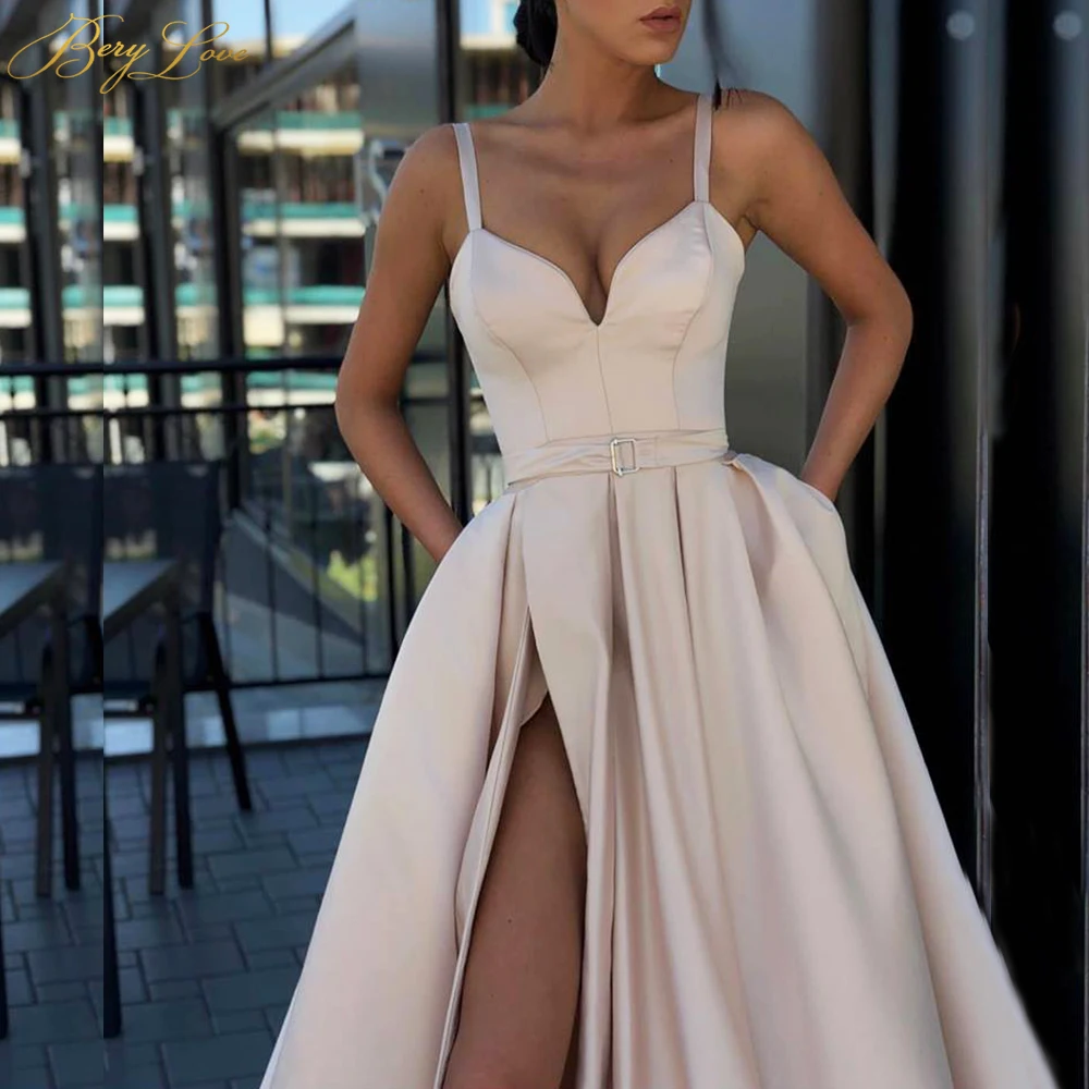 BeryLove Champagne Spaghetti Strap Evening Dress Corset High Slit Satin Formal Party Dress Tiny Belt Horse Hem Prom Dress