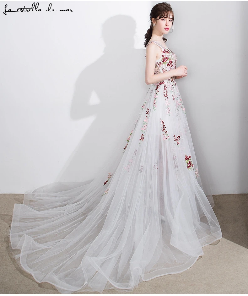 Vestido madrinha casamento longo2018 Новый сексуальный v шеи тюль вышитый цветок узор бежевый нарядное платье видеть gaun pesta dewas