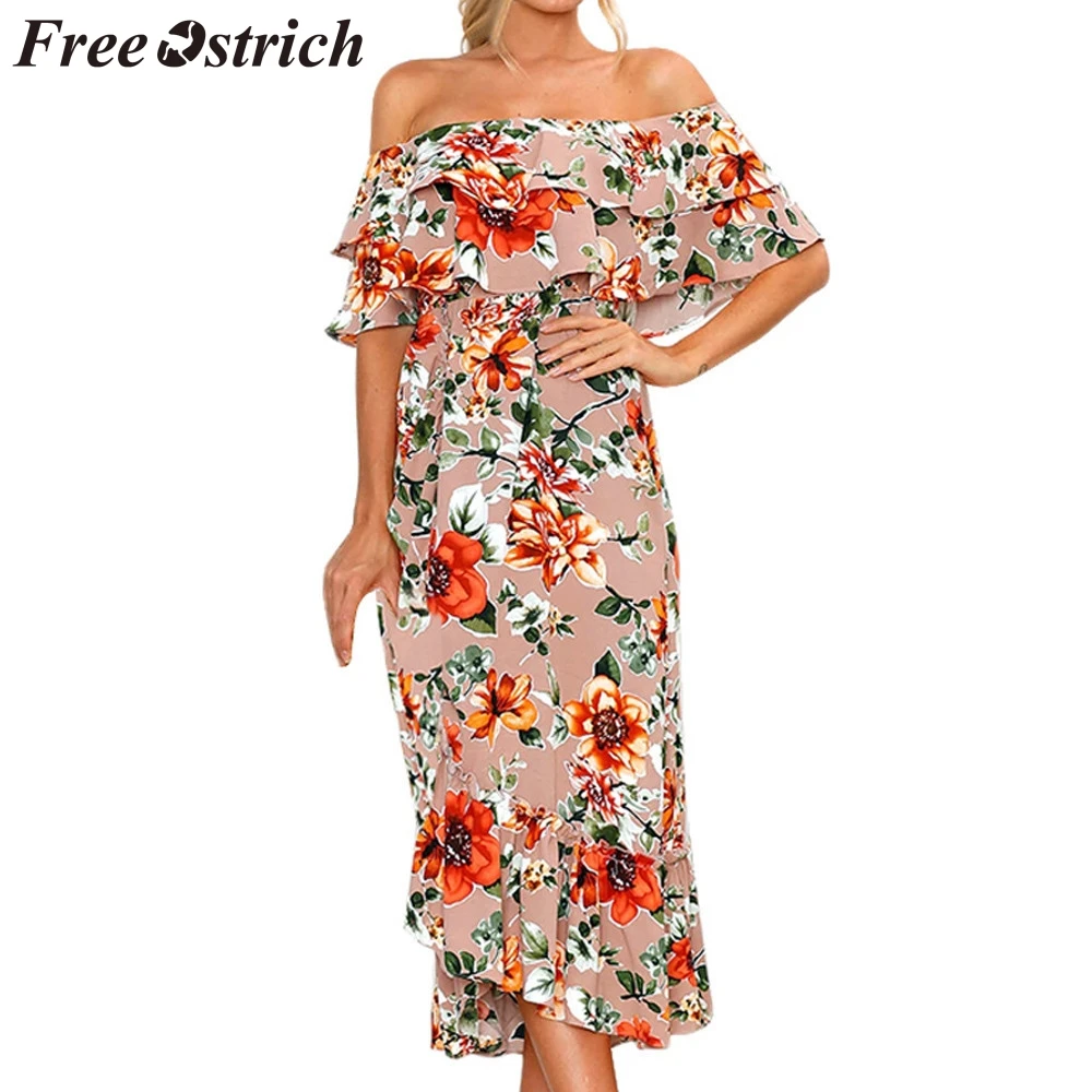

FREE OSTRICH Women Dress Plus Size Off Shouder Boho Beach Maxi Beautiful Flower Loose Dignified Charming Women Long Dress Summer