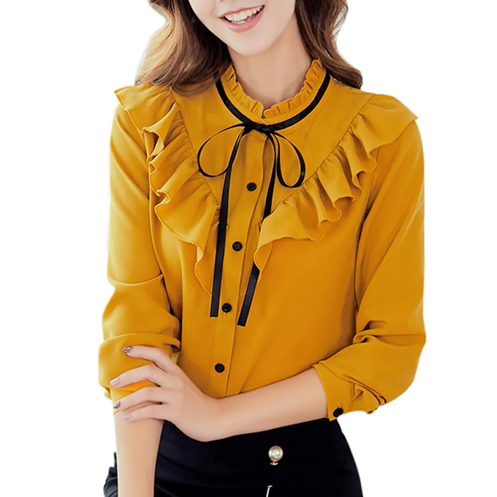 Women Chiffon Shirt 2019 Women Work Office Long Sleeve Bow Tie Ruffles Solid Chiffon Blouse Tee Shirt Top