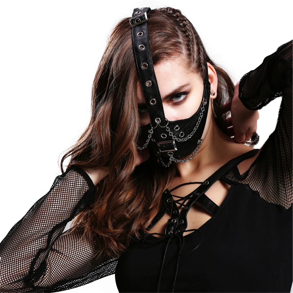

Brand Devil Fashion Women Gothic Styllish Cosplay Leather Mask High-grade Metal Chain Mask Halloween With Double Button