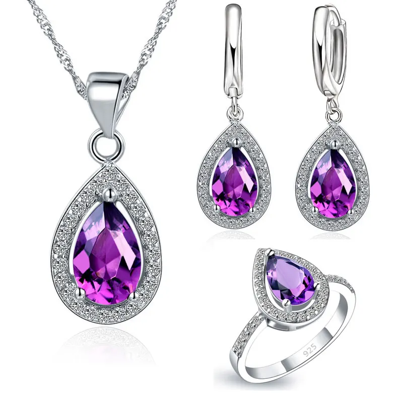 Classic Wedding Jewelry Sets Water Drop With Shiny Cubic Zirconia 925 Sterling Silver Earrings Necklaces Finger Rings Set | Украшения и