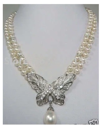 

2 Rows 7-8mm White Akoya Pearl pendant Necklace Free Shipping