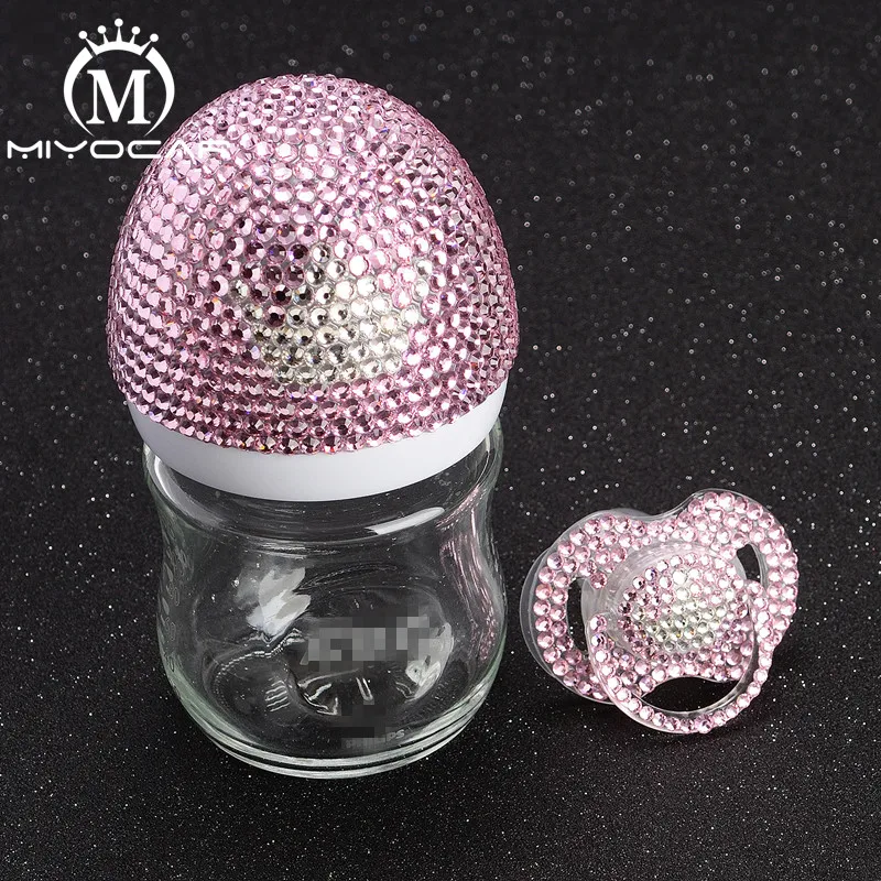 MIYOCAR Bling Bling lovely pink and white crown 120ml glass Feeding Bottle and bling crown pacifier for baby shower gift MIYOCAR Bling Bling lovely pink and white crown 120ml glass Feeding Bottle and bling crown pacifier for baby shower gift