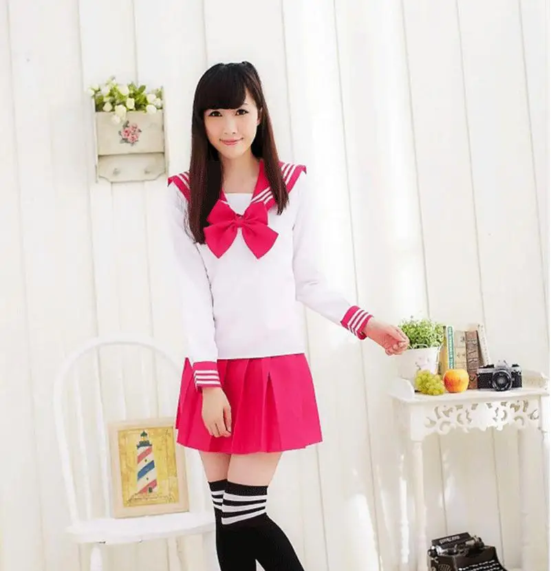 Korean Version Cosplay Costume Sailor Collar School Uniform Set With Bowknot Super Stretch  Girls Cotton Pleated Skirt 4