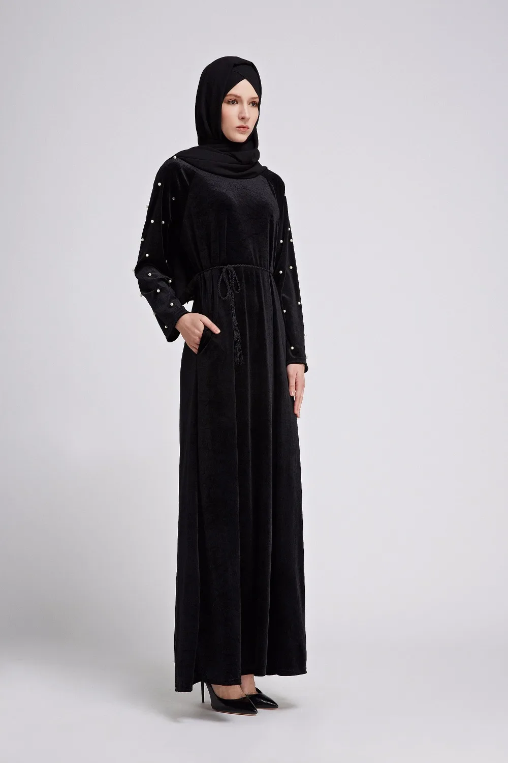 Элегантные модные мусульманское abaya Макси платье Бисер Туника длинный халат кимоно Рамадан Арабская, Дубай Кафтан Исламская, молитвенная Костюмы