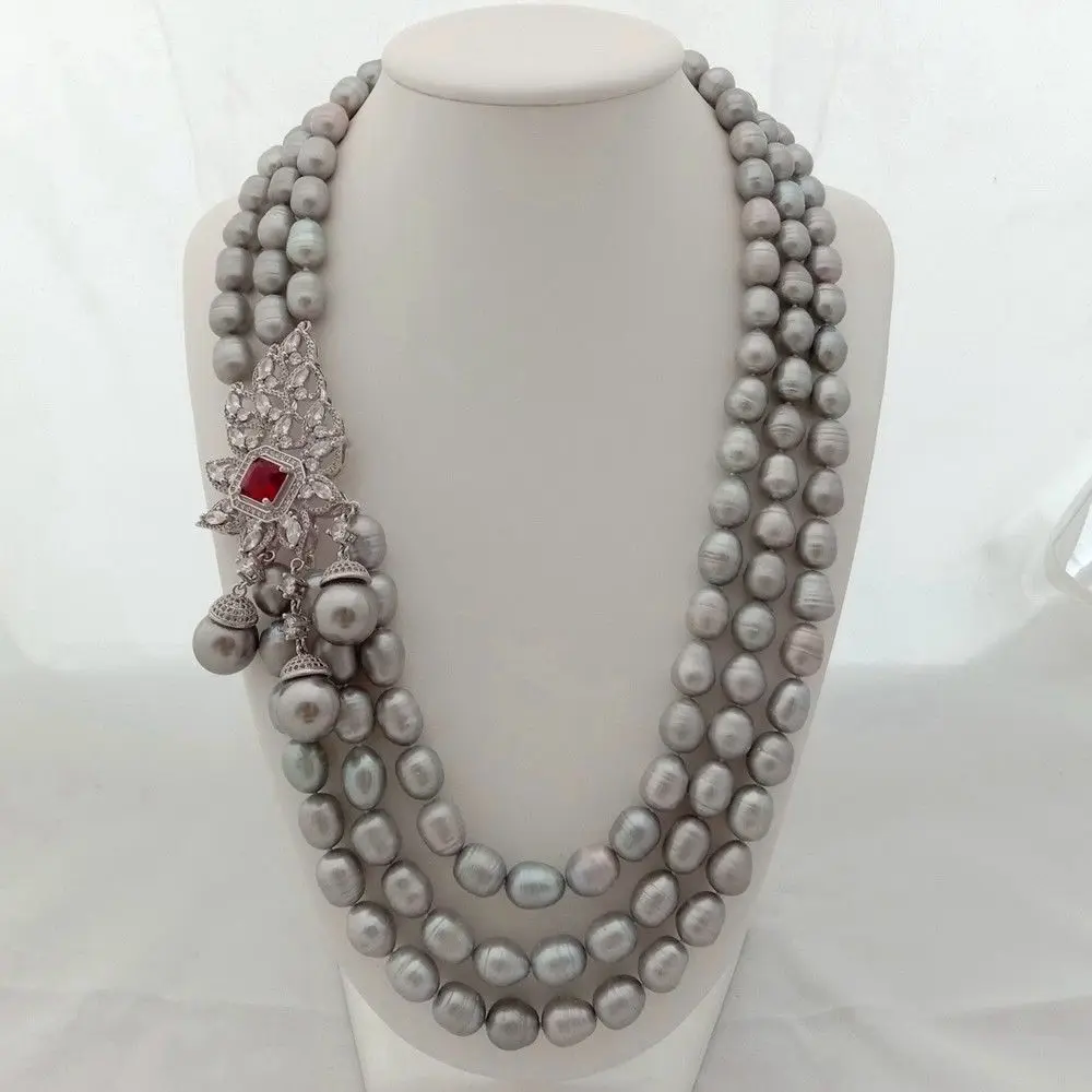 

22" 3 Strands Gray Rice Pearl Necklace Sea Shell Pearl CZ Pendant