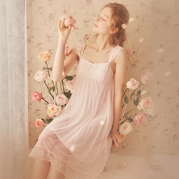 

Free Shipping 2019 New Nylon and Modal Princess Women's Nightgown Short Sleepwear Pink Slip Vintage Pijamas Summer Nightdress