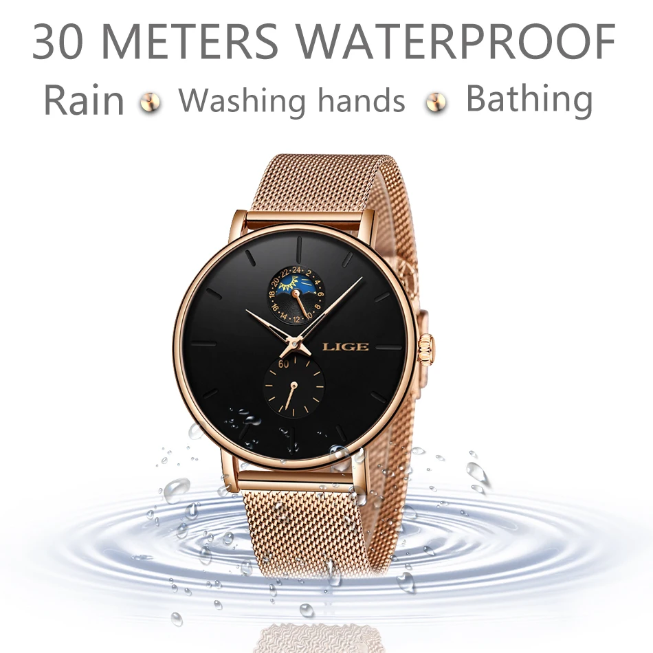 LIGE Womens Watches Top Brand Luxury Waterproof Watch Fashion Ladies Stainless Steel Ultra-Thin Casual Wrist Watch Quartz Clock