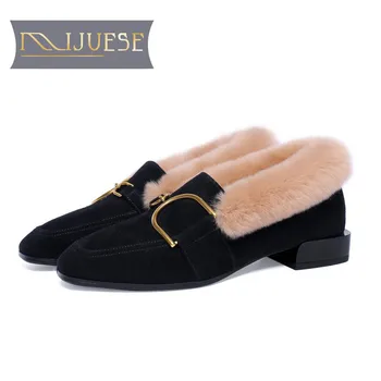 

MLJUESE 2019 women snow boots Kid Suede +rabbit hair Rome style square toe winter warm plush boots women ankle boots size 42