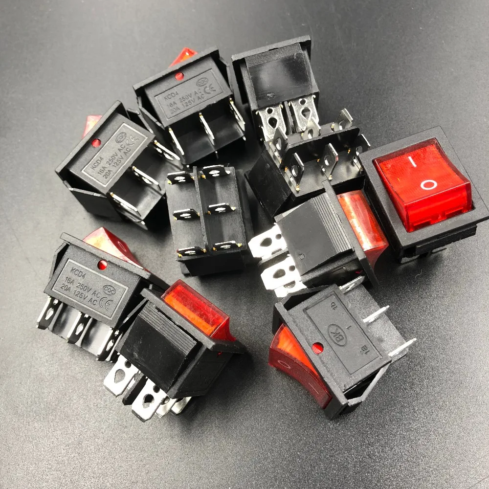 

5pcs/lot KCD4-202 16A/250Vac With Red Light 2 ways Black Rocker Switch on/off with 6 foot or 6 pins
