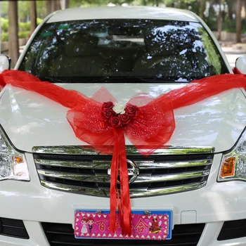 

Wedding Car Flower Simulation Rose Bow with V Word Shaped Snow Wedding Car Side Car Flower Decoration
