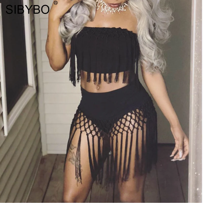 Sibybo النساء Bodycon ارتداءها 2 أجزاء مجموعة المحاصيل أعلى مثير قبالة الكتف الشرابة ثوب فضفاض للمرأة بذلة 2018 الصيف الشاطئ وزرة