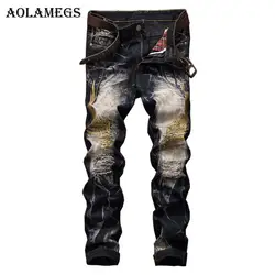 Aolamegs для мужчин джинсы для женщин брюки девочек отверстие вышивка крыло полной длины High Street Crest летние эластичные свет самок
